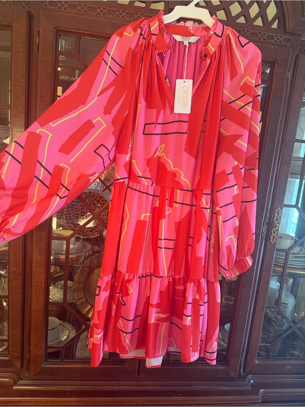 CROSBY by Mollie Burch Pink and Red Abstract Tiered Belle Dress in Sprinkle NWT